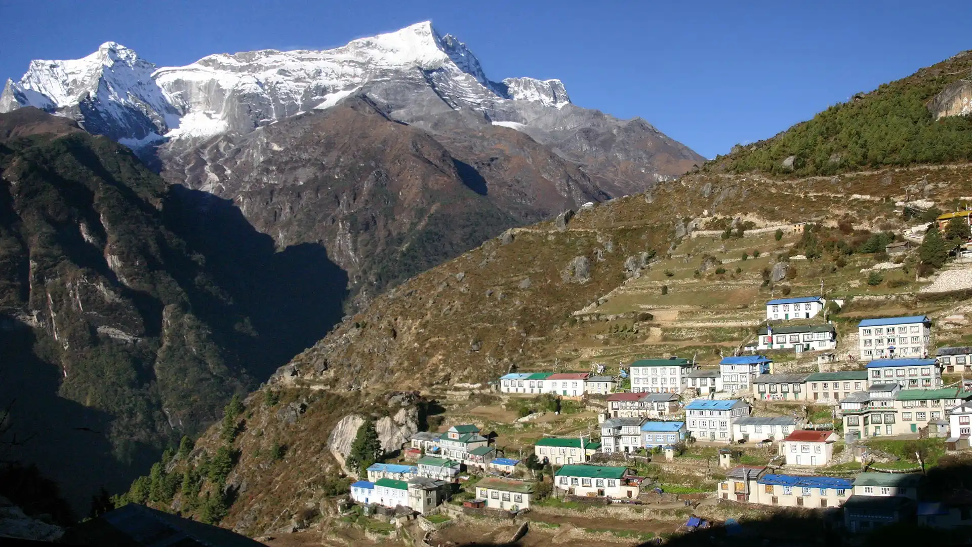 Hillside village with colorful rooftops and terraced fields beneath snow-covered mountains and clear blue skies.