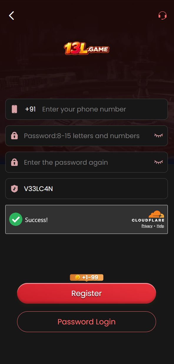 13L Game registration interface on mobile showing welcome screen