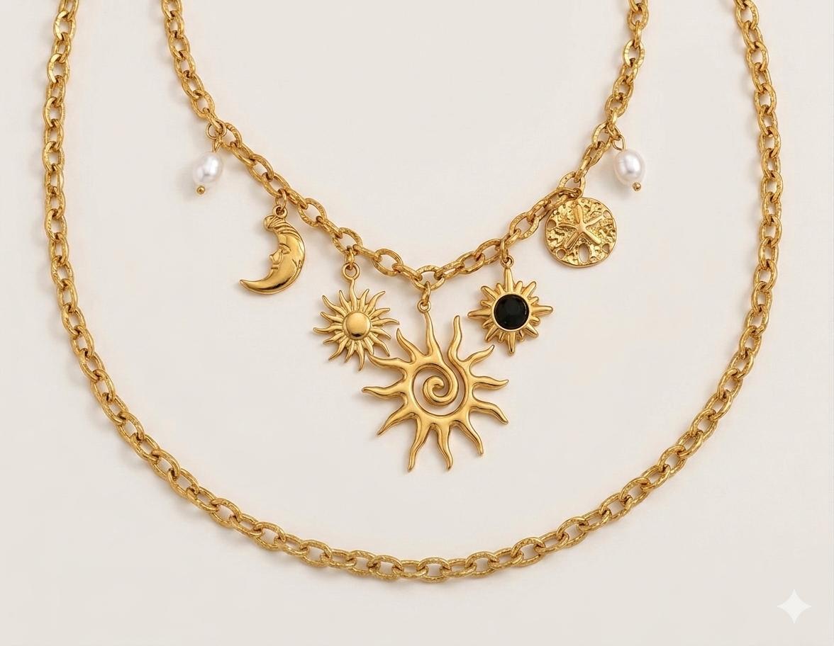 Collier étoile de mer & lune et soleil