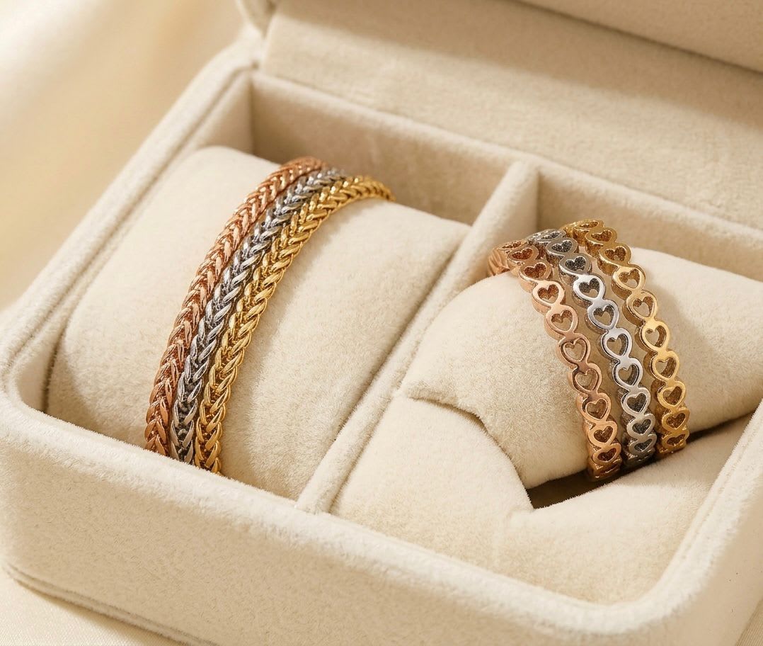Bracelet Épis de Blé Doré + bagues combinées tricolores 