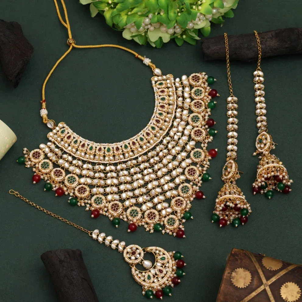 Maroon & Green Kundan Bridal Necklace Set with Jhumkas