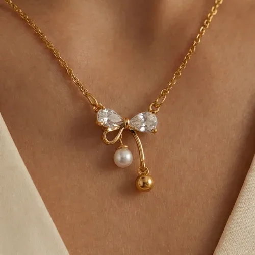 Sparkling Bow-Knot Pendant Necklace with Pearl Drop
