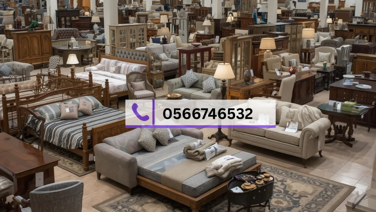 معرض في الدمام يعرض مجموعة متنوعة من الأثاث المستعمل المصنوع من الخشب والمفروشات بما في ذلك الأسرة، الأرائك، الكراسي، والطاولات.