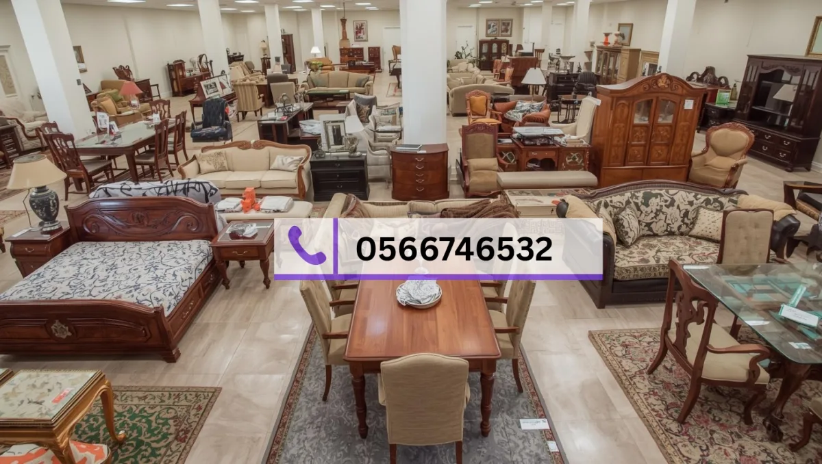 صالة عرض أثاث مستعمل في الدمام تحتوي على أسرّة، أرائك، طاولات طعام، كراسي وخزائن.