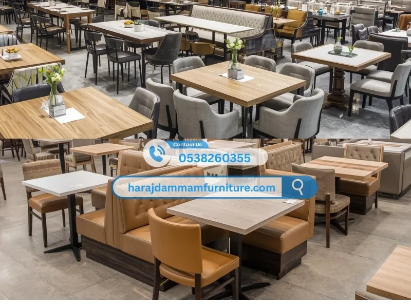 معرض أثاث مطاعم يحتوي على طاولات وكراسي وأرائك.