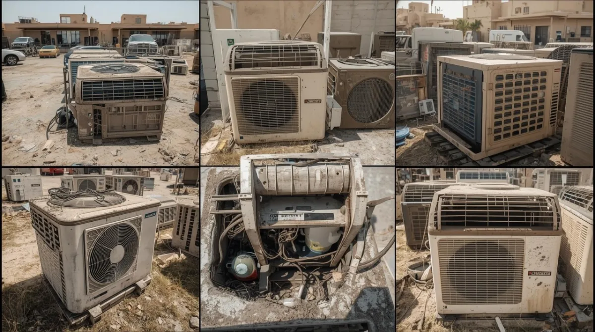 وحدات مكيفات سكراب خارجية مخزنة في ساحة مفتوحة في الدمام
