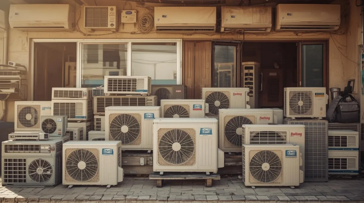 وحدات مكيفات هواء سكراب قديمة مكدسة خارج محل في الدمام.