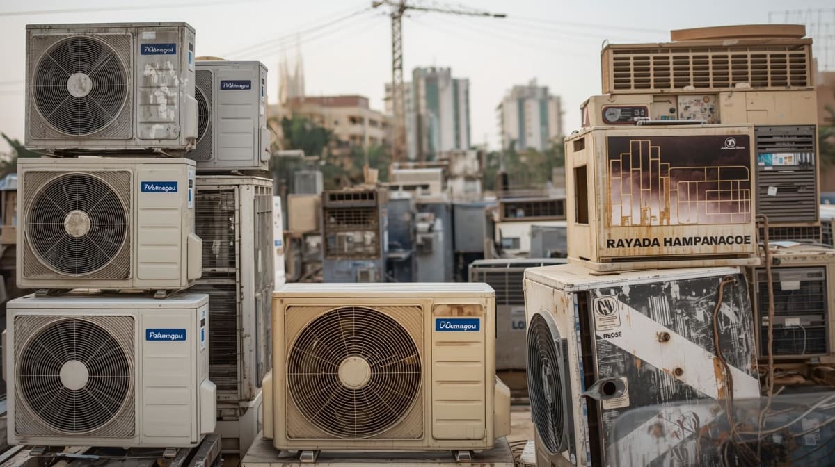 أجهزة مكيفات مستعملة وسكراب مكدسة في ساحة خارجية بمدينة الخبر.