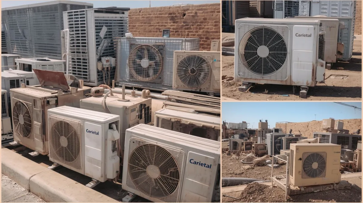 مجموعة مكيفات هوا مستعملة وسكراب مكدسة في ساحة تخزين بمدينة الجبيل.