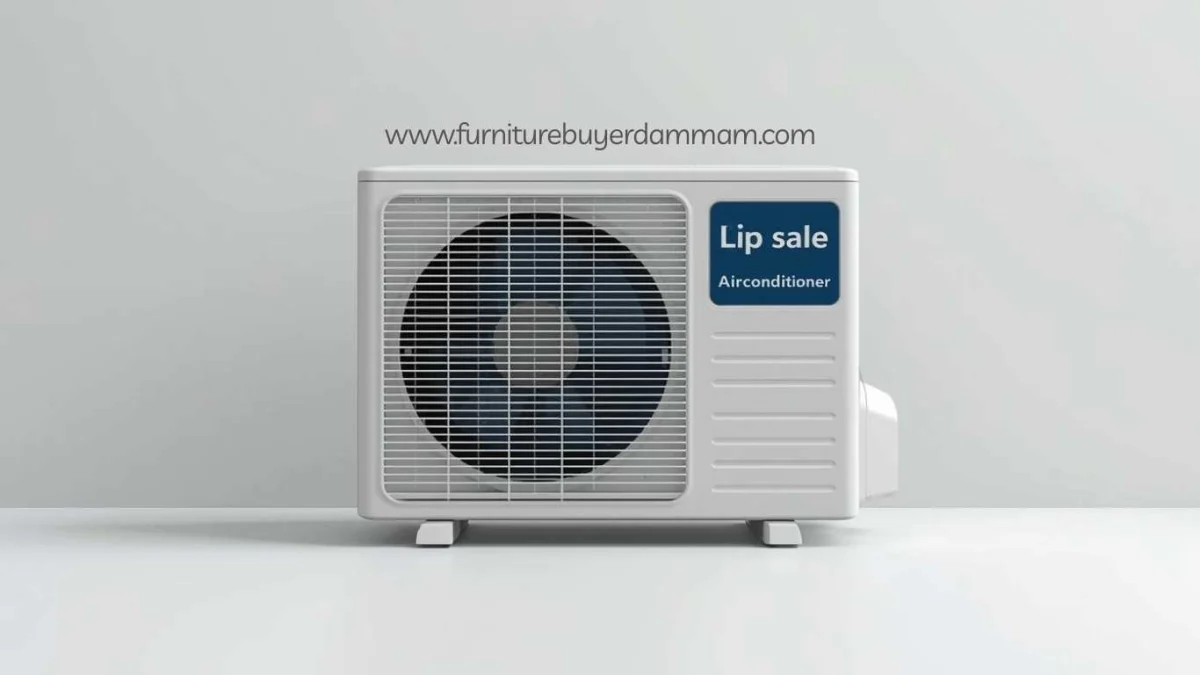 مكيف هواء خارجي أبيض مع شعار Lip sale ورابط الموقع