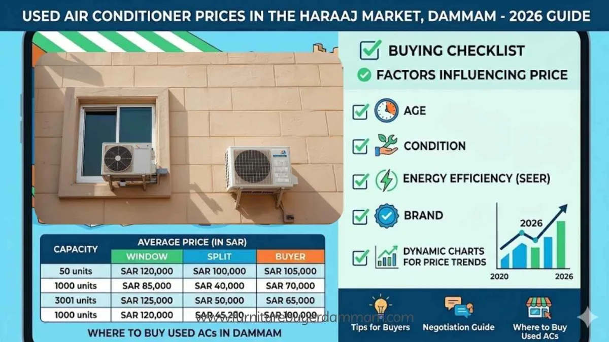 إنفوجرافيك عن أسعار المكيفات المستعملة في حراج الدمام 2026 مع جدول أسعار وعوامل تؤثر على السعر
