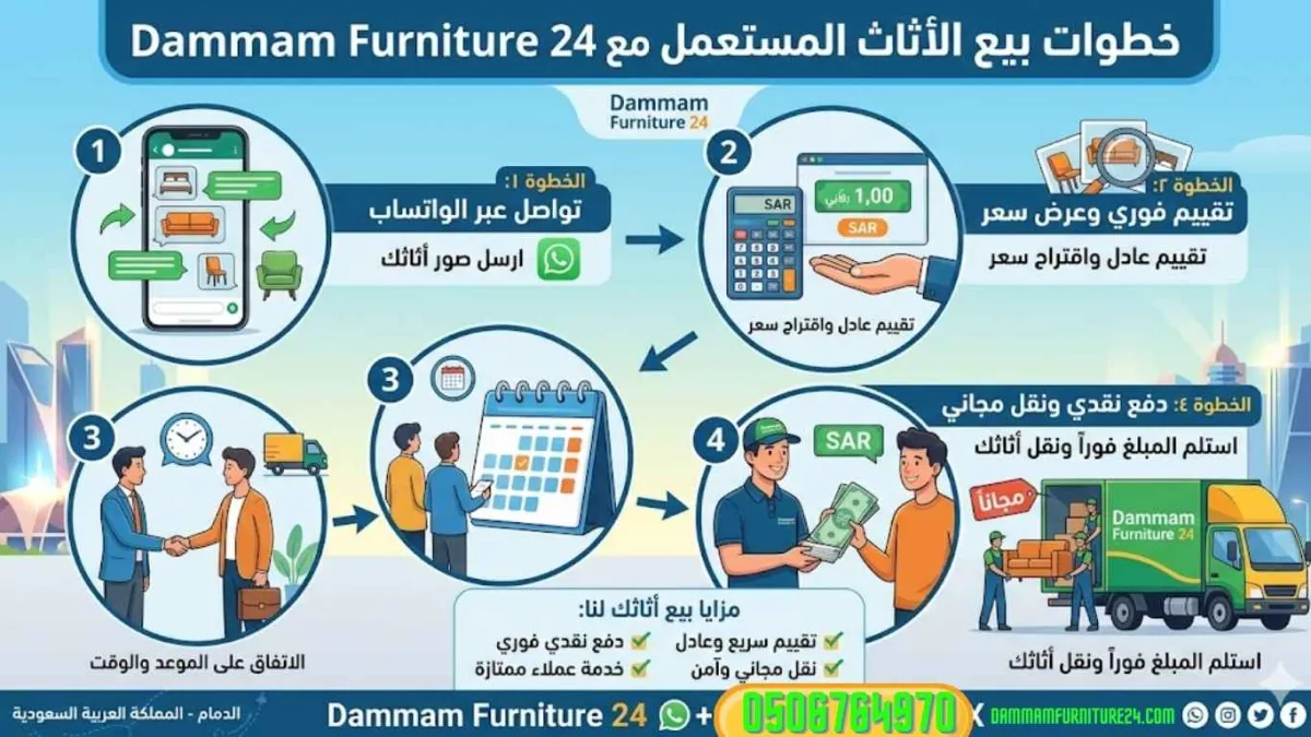 خطوات بيع الأثاث المستعمل مع Dammam Furniture 24 – تواصل وتقييم ودفع فوري