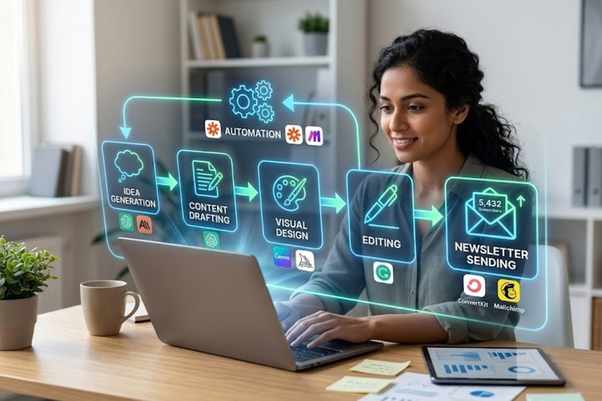 Solopreneur using AI tools to create email newsletters with automated workflow and productivity setup