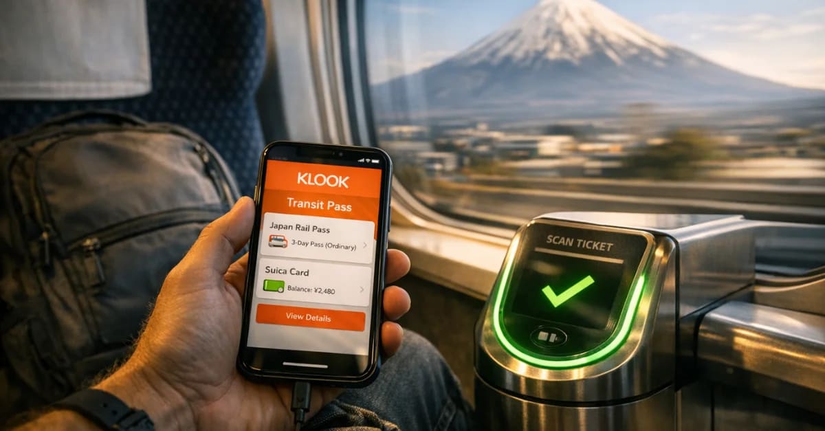 A photorealistic POV shot from inside a Japanese Shinkansen bullet train, showing a traveler holding a phone with the Klook app open to the transit pass section, highlighting the ease of Klook transit bookings, cinematic travel photography style.