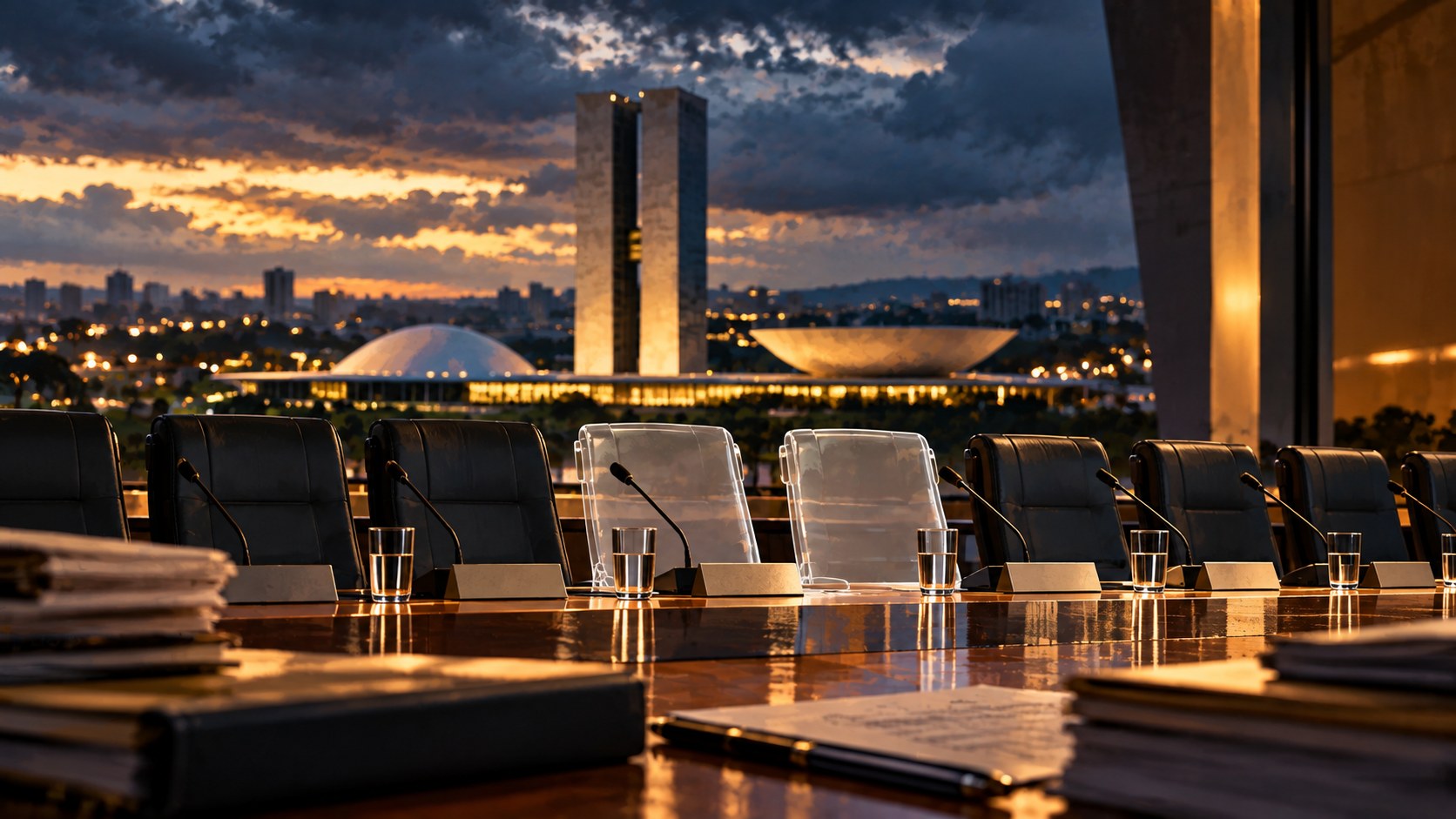 Two translucent chairs interrupt a formal hearing table overlooking Brasília’s National Congress beneath heavy clouds and restrained evening light.