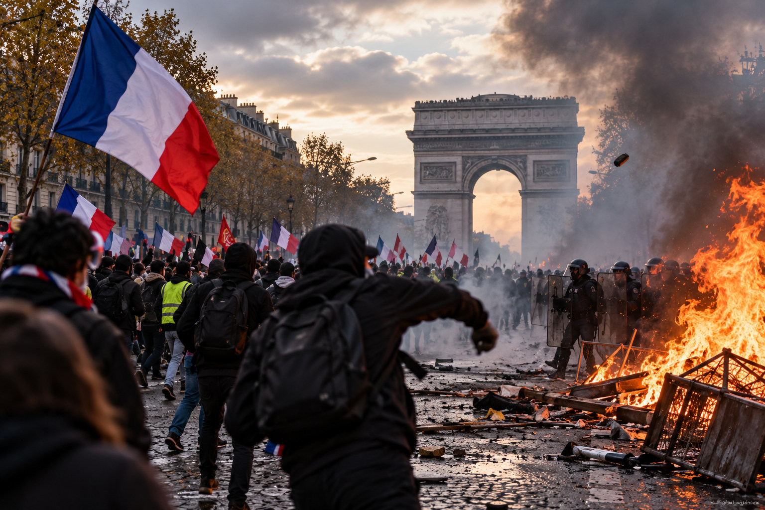 French flags rise above protesters near Paris's Arc de Triomphe, with riot police, burning debris, drifting smoke and scattered objects across the avenue.