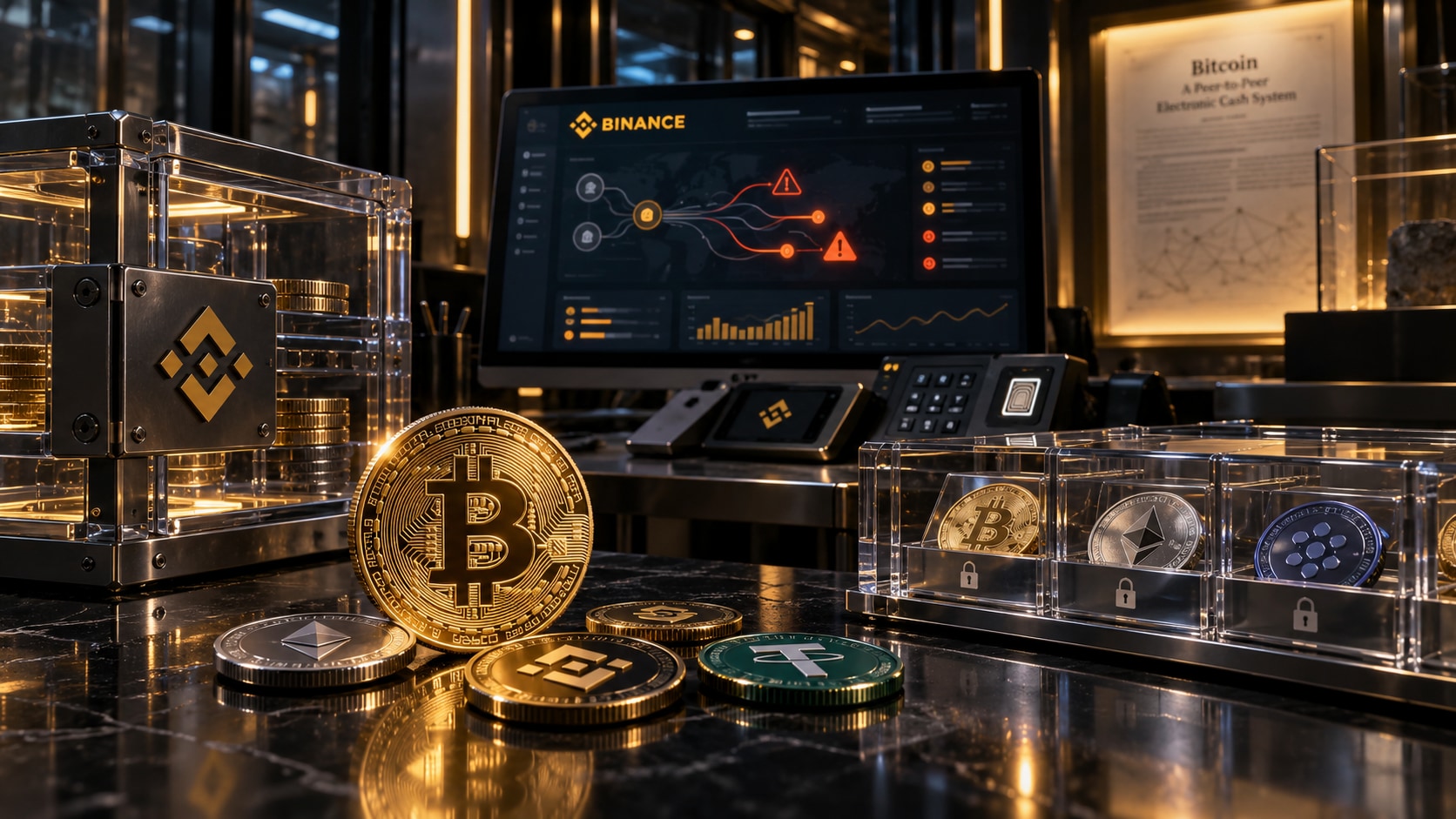 A gold Bitcoin token stands beside Binance-branded custody hardware, security controls, transparent compartments containing cryptocurrency tokens, and a digital monitoring display.