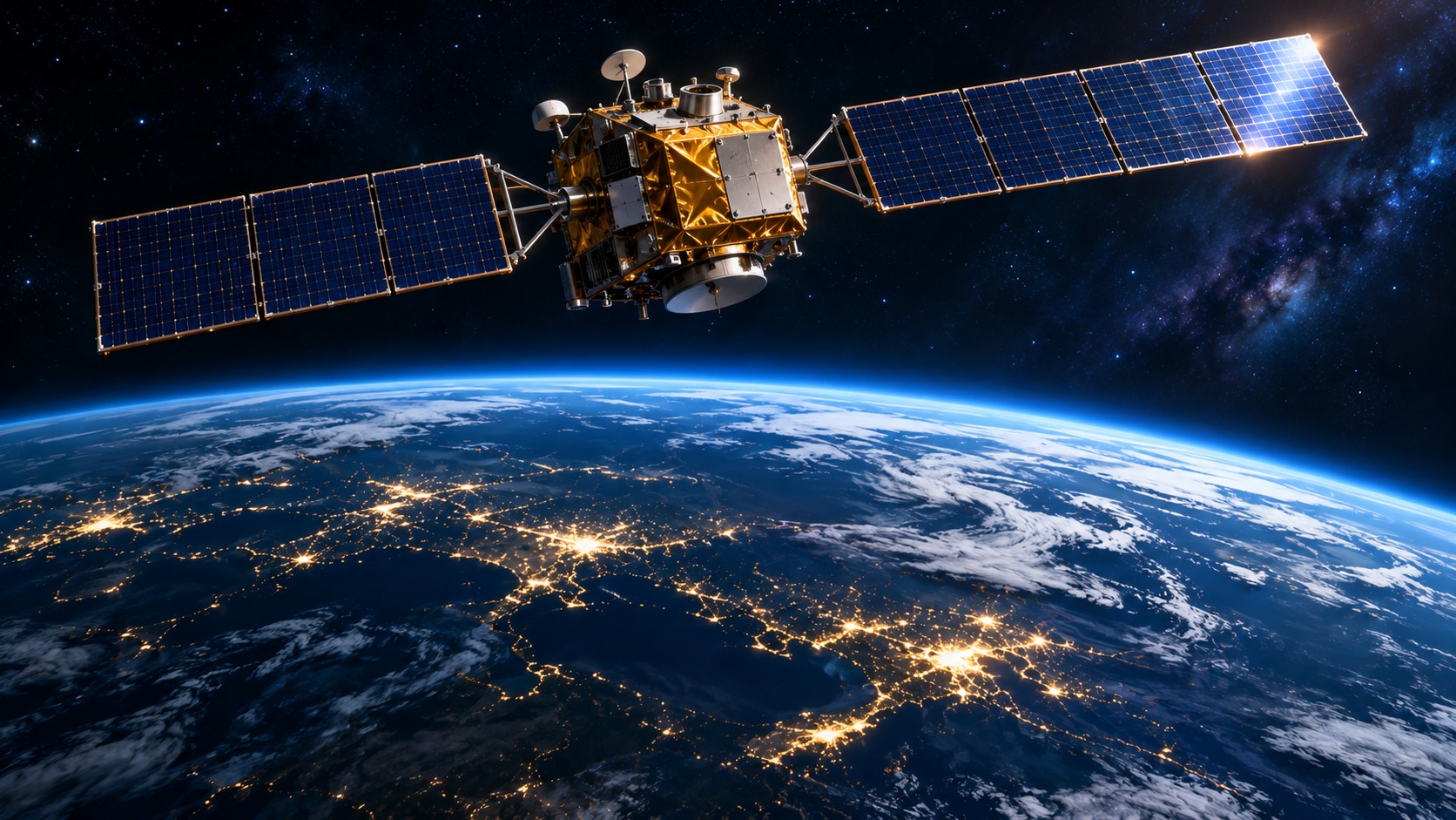 A gold-toned satellite with extended blue solar panels orbits above Earth, showing illuminated cities, cloud formations, a bright atmospheric horizon and a star-filled background.