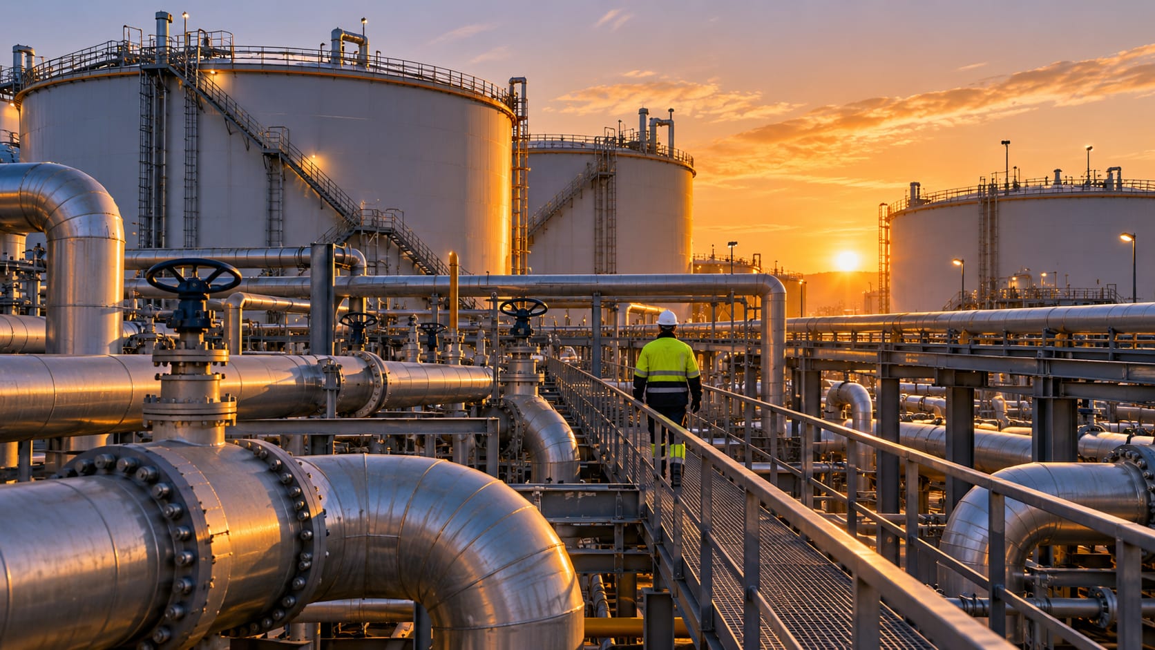 An anonymous worker crosses a metal walkway through a generic gas storage facility, surrounded by pipelines and tanks in warm sunset light.