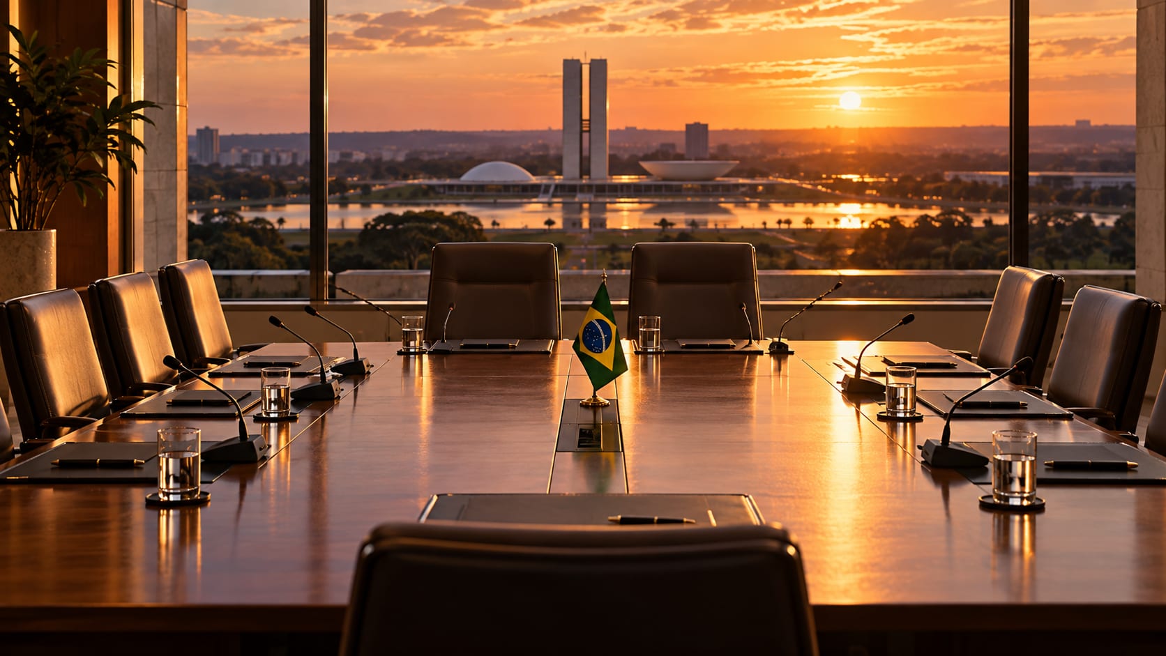 Two prominent empty chairs at a polished conference table with a small Brazilian flag, overlooking Brasília's National Congress in warm sunset light.