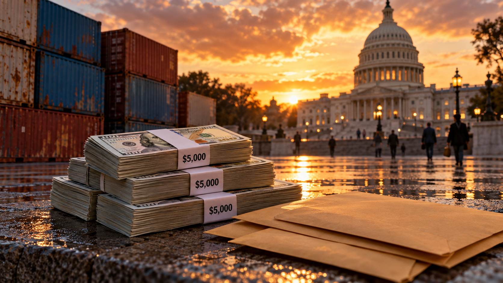 Stacks of $100 bills with $5,000 labels sit beside blank envelopes and shipping containers, with the U.S. Capitol illuminated by sunset.