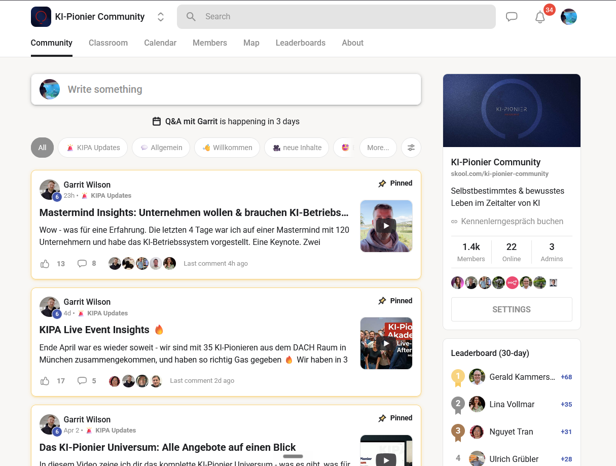 KI-Pionier Community auf Skool — 1.600+ aktive Mitglieder