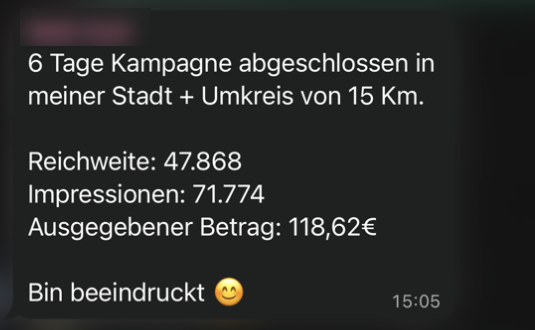 WhatsApp-Nachricht eines Teilnehmers mit Kampagnenzahlen: 47.868 Reichweite bei 118,62 € Werbebudget