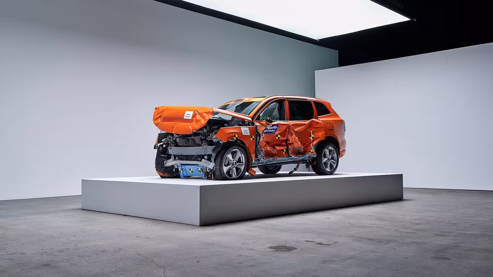 Car undergoing frontal offset crash test at Volvo Cars Safety Center