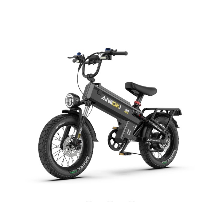 Aniioki A8 Pro Max electric bike featuring fat tires, integrated frame battery and bright headlight system