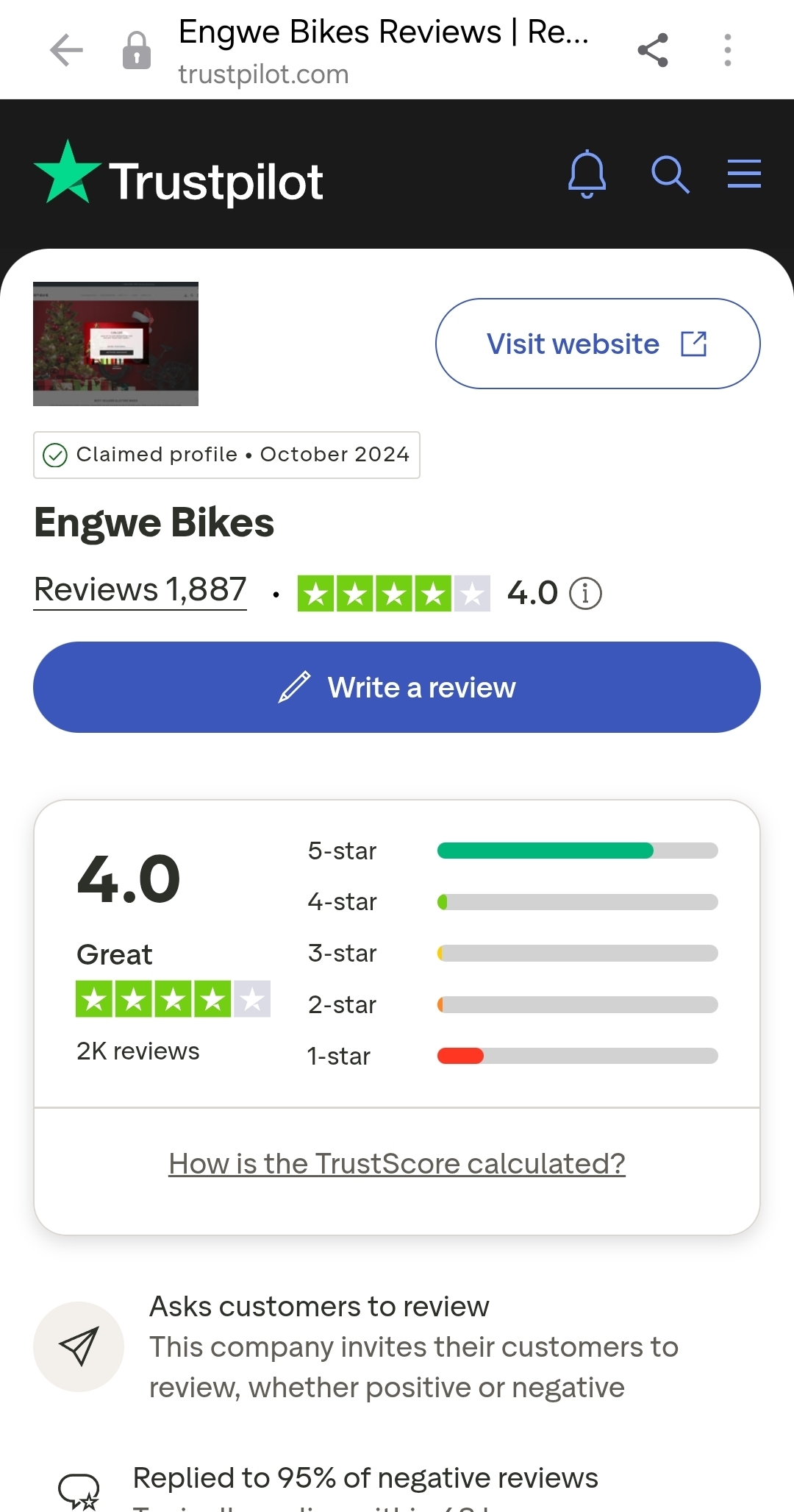 Verified customer review ratings for ENGWE on Trustpilot showing consistent feedback