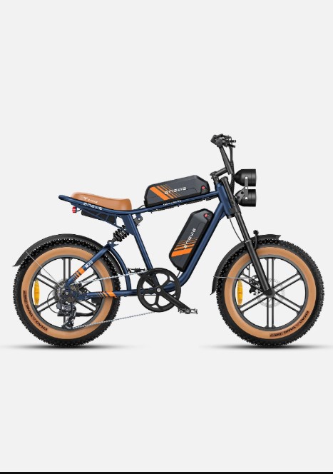 ENGWE M20 2.0 mountain e-bike featuring dual batteries, fat tires, and dual headlamps for trail riding