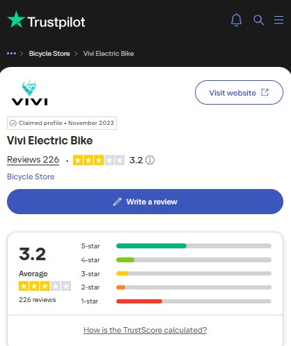 Trustpilot rating for VIVI Electric Bike showing a 3.2 out of 5 stars average score based on 226 customer reviews.
