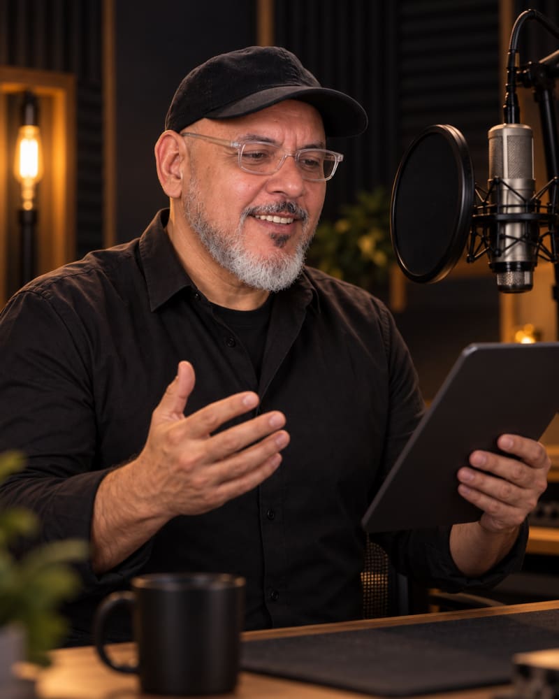Otto Salamanca interpretando un texto frente al micrófono