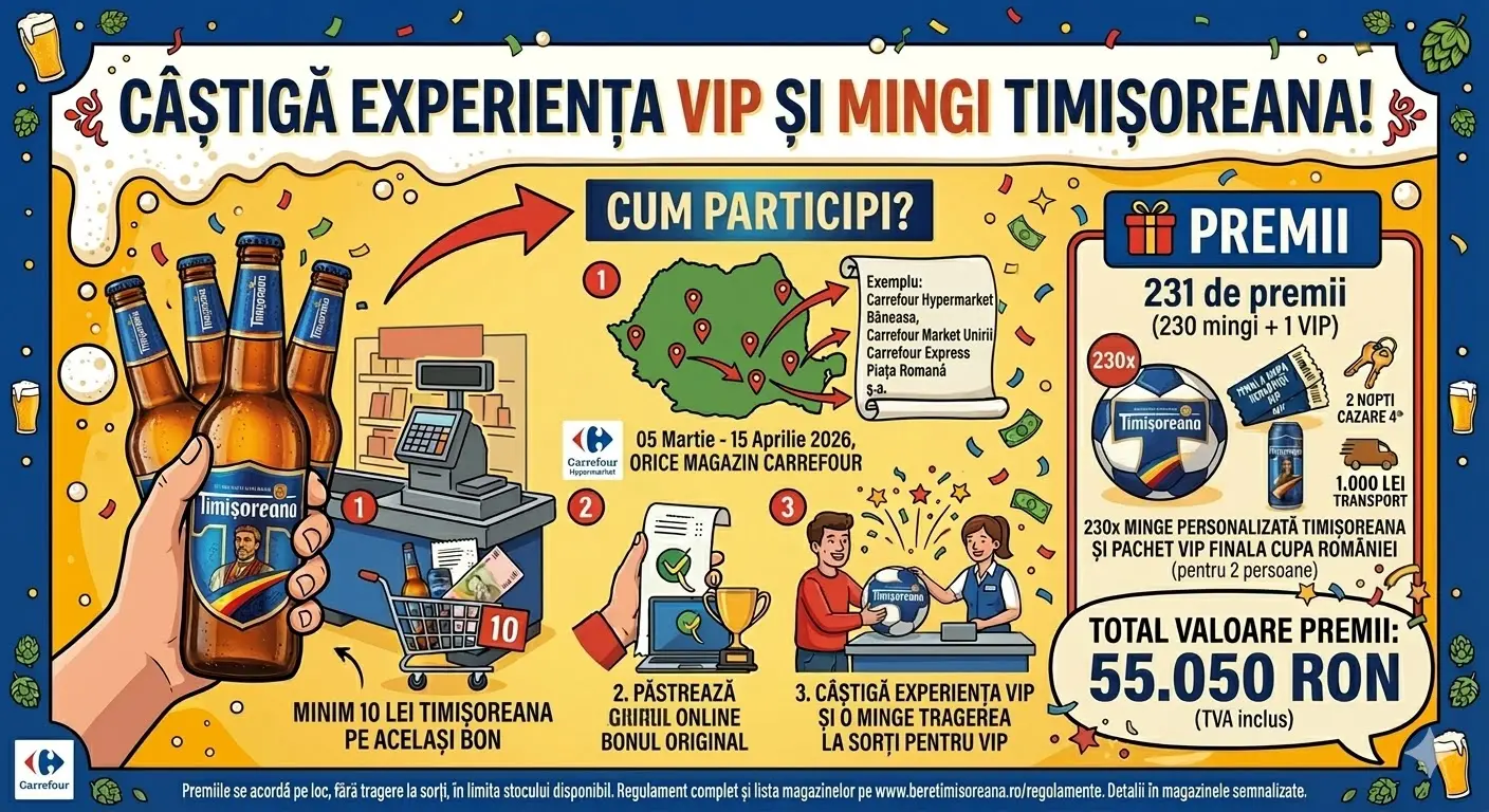 Concurs – Achiziționezi Timișoreana de minim 10 lei de la Carrefour – Câștigă premii până pe...
