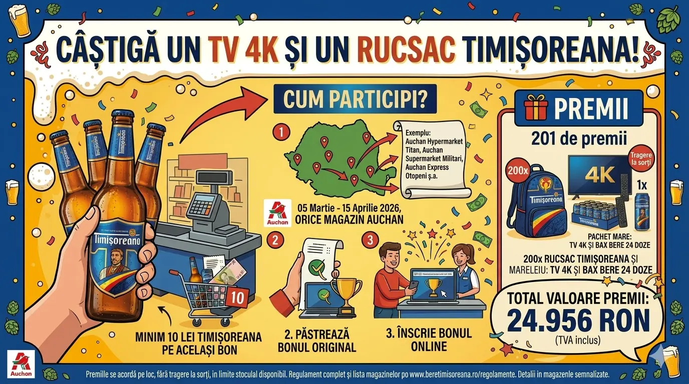 Concurs – Achiziționezi Timișoreana de minim 10 lei de la Auchan – Câștigă premii până pe 15...