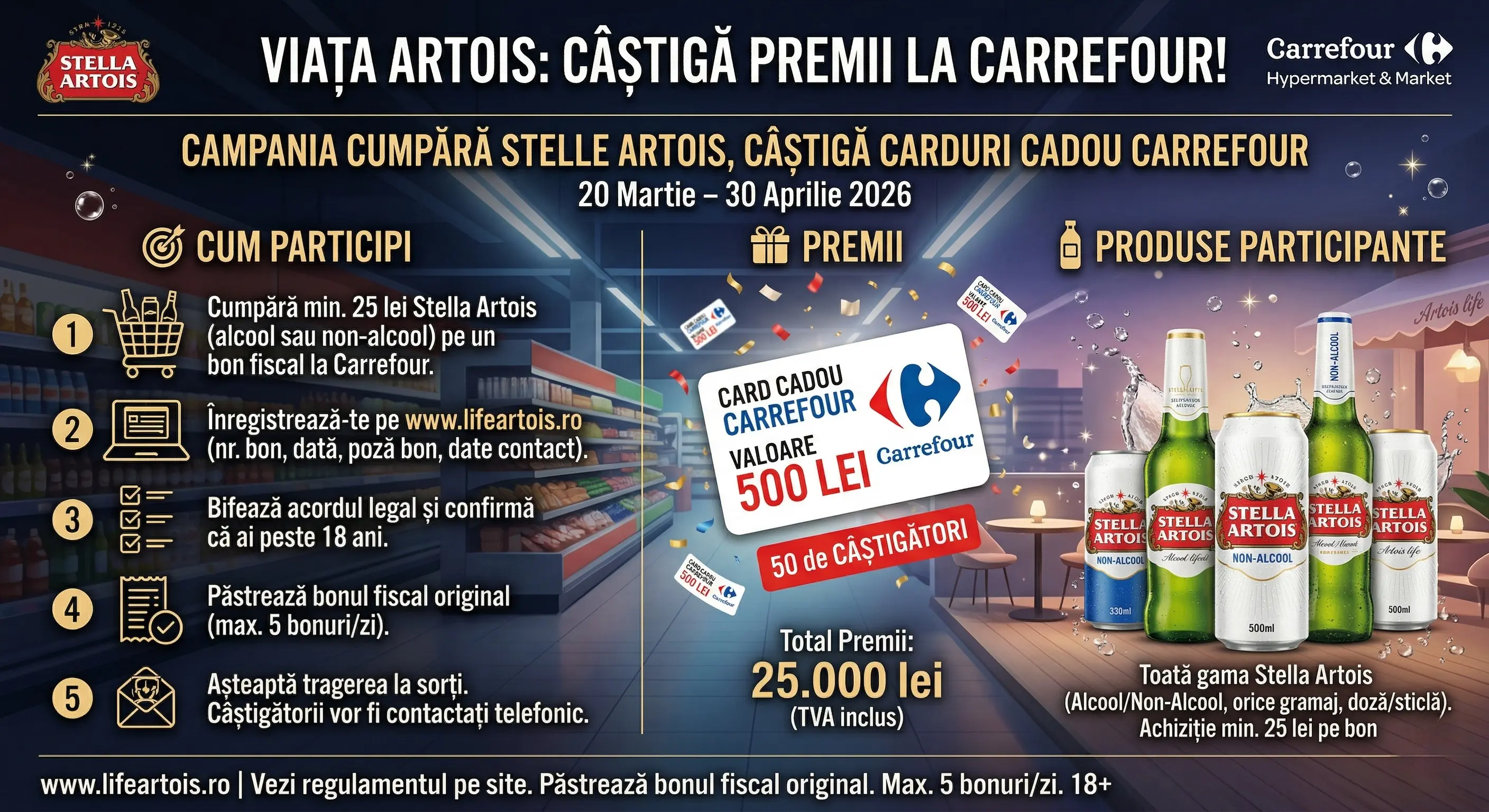 Concurs – Cumperi Stella Artois de min. 25 lei de la Carrefour – Câștigă premii până pe 30 a...