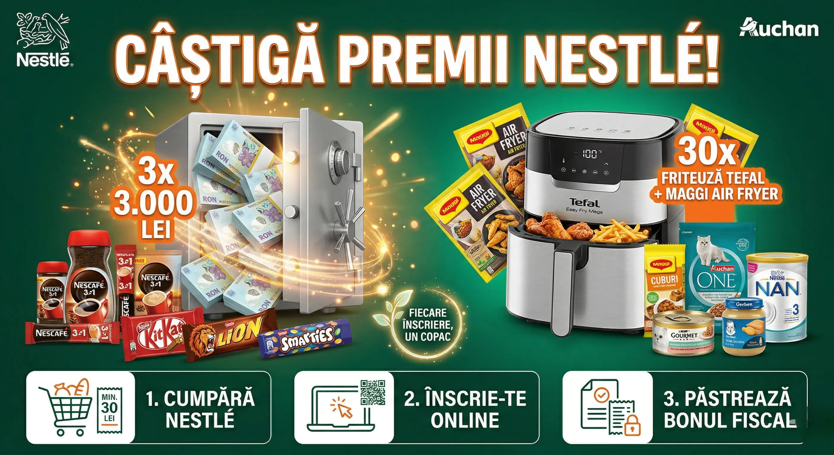 Concurs – Achiziționezi Produse Participante Nestlé de min. 30 lei de la Auchan – Câștigă pr...