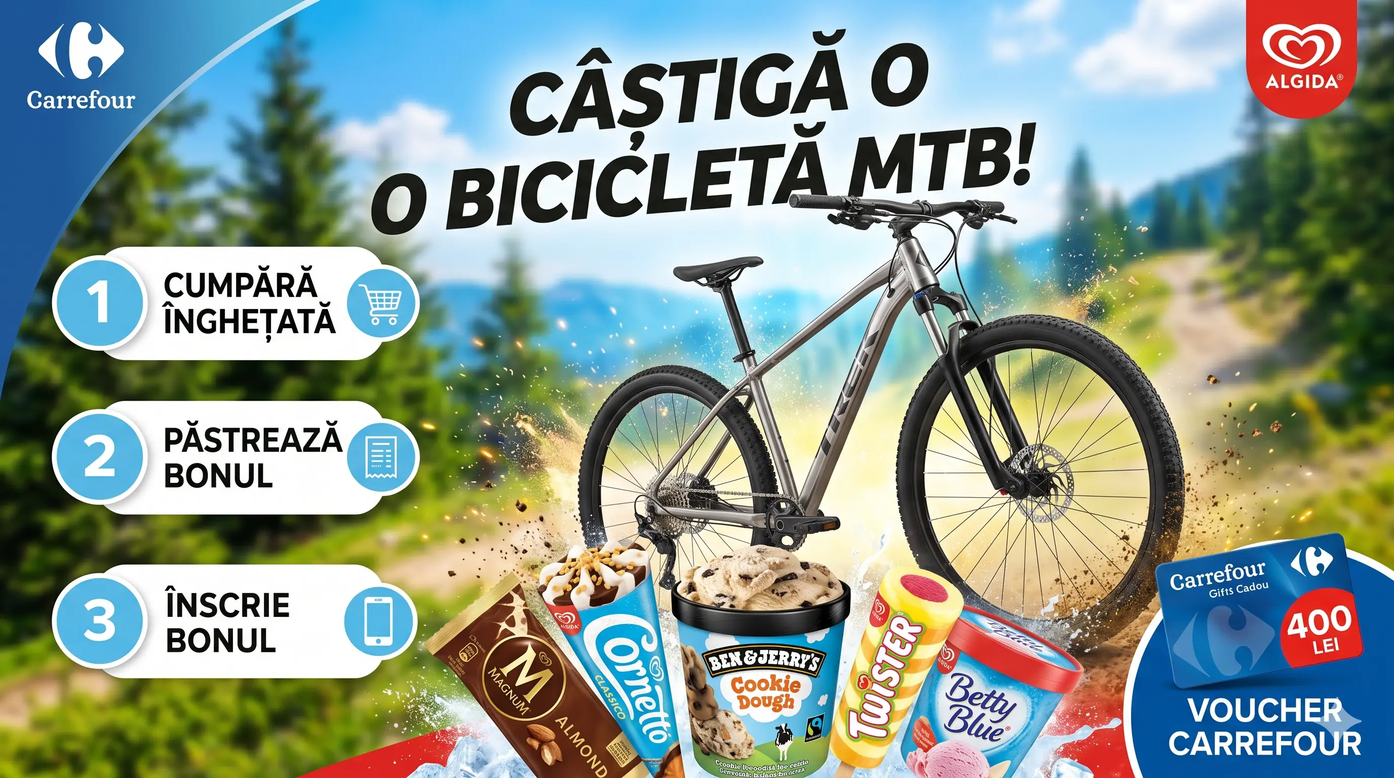 Concurs Concurs Algida la Carrefour (până pe iul. 2026) - câștigă o bicicleta MTB, în...