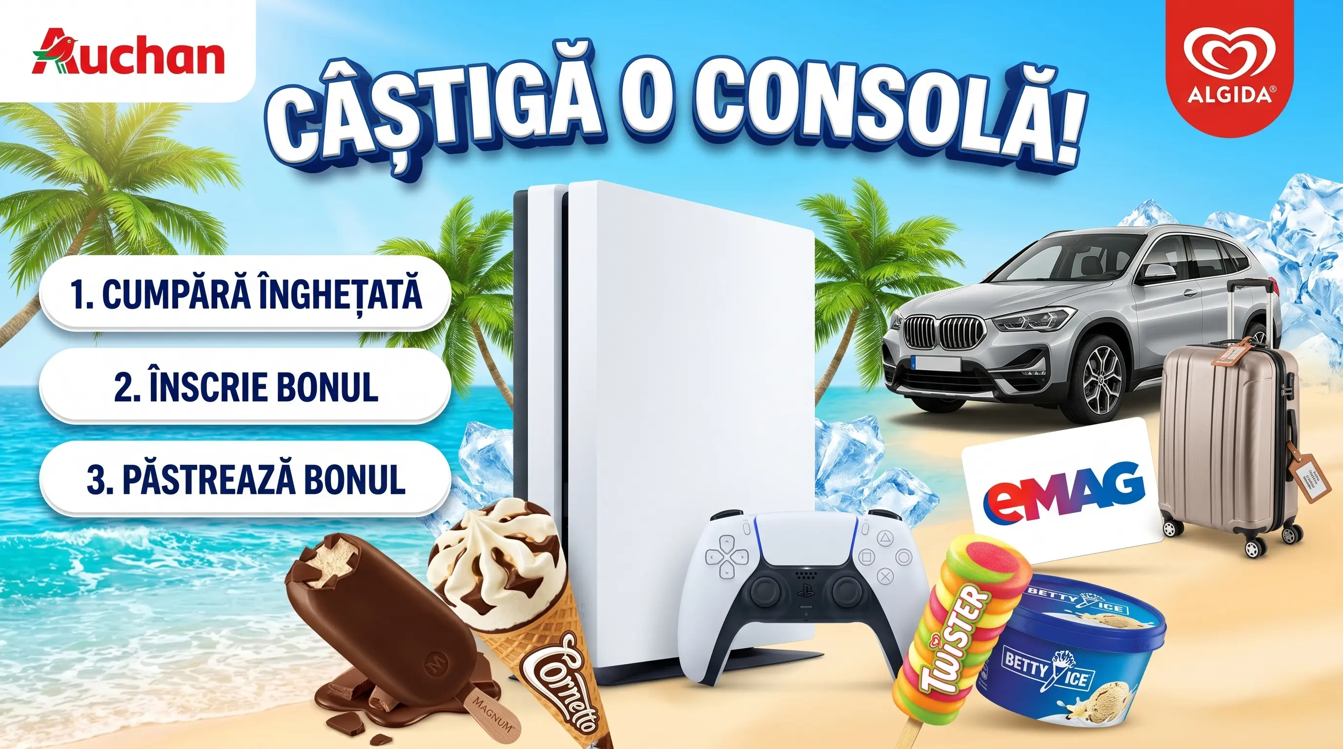 Concurs Concurs Algida la Auchan (până pe iul. 2026) - câștigă O consolă de jocuri video /...