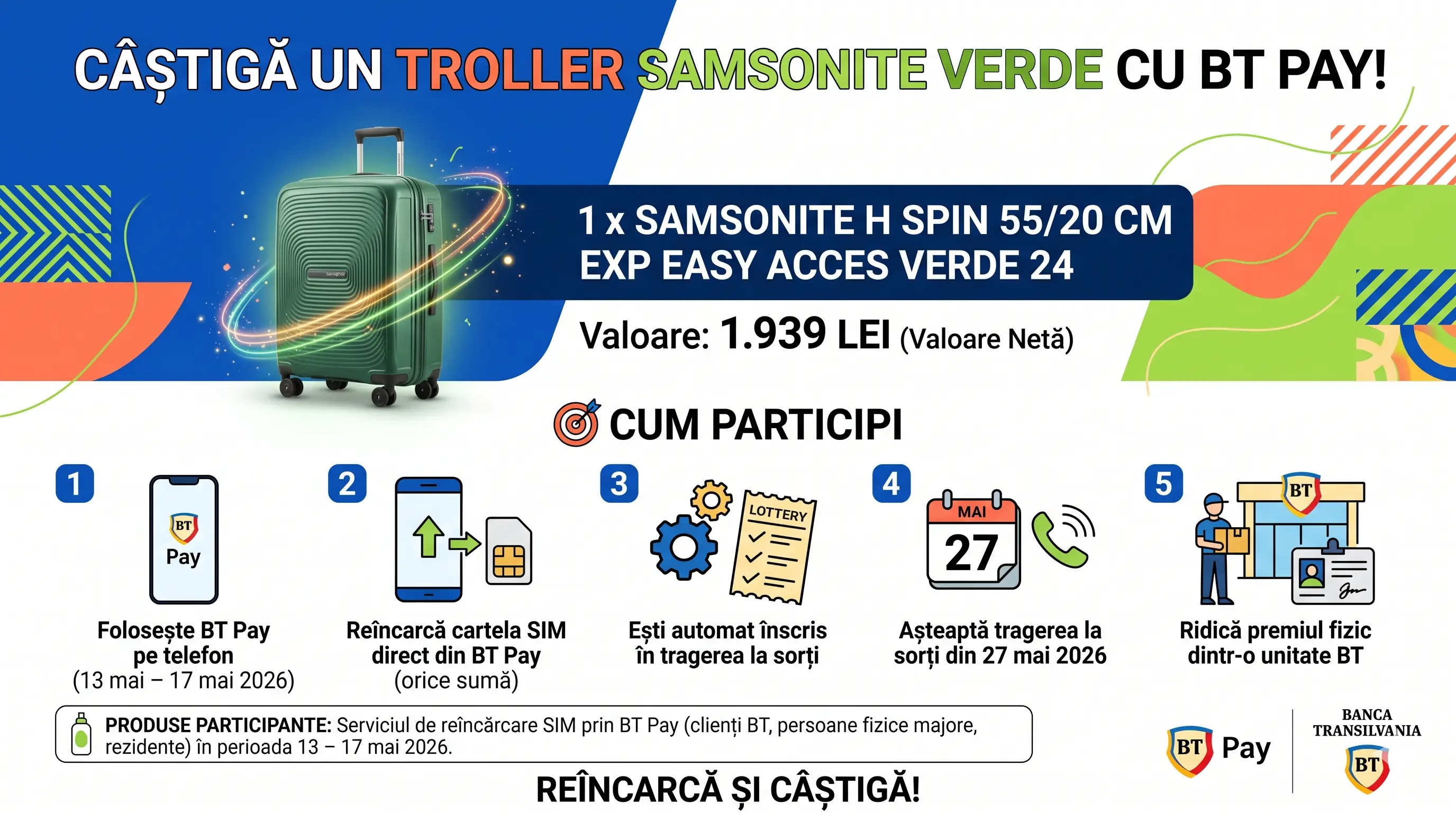 Concurs Concurs BT Pay: Reîncarcă SIM și Câștigă Troller Samsonite (până pe 17 Mai) -...