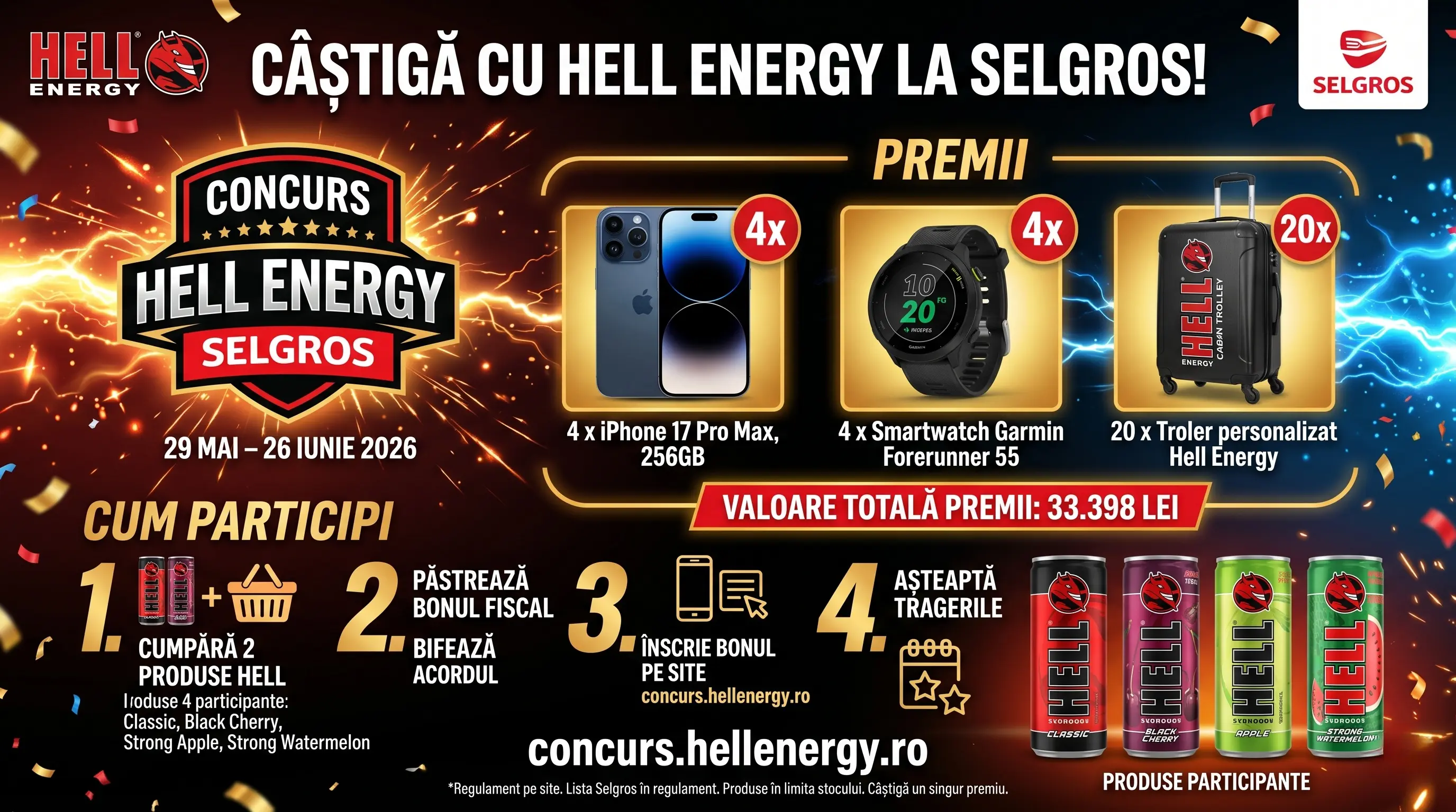 Concurs HELL Energy la Selgros: Cumpără și Câștigă iPhone 17 Pro Max (până pe 26 Iun) -...