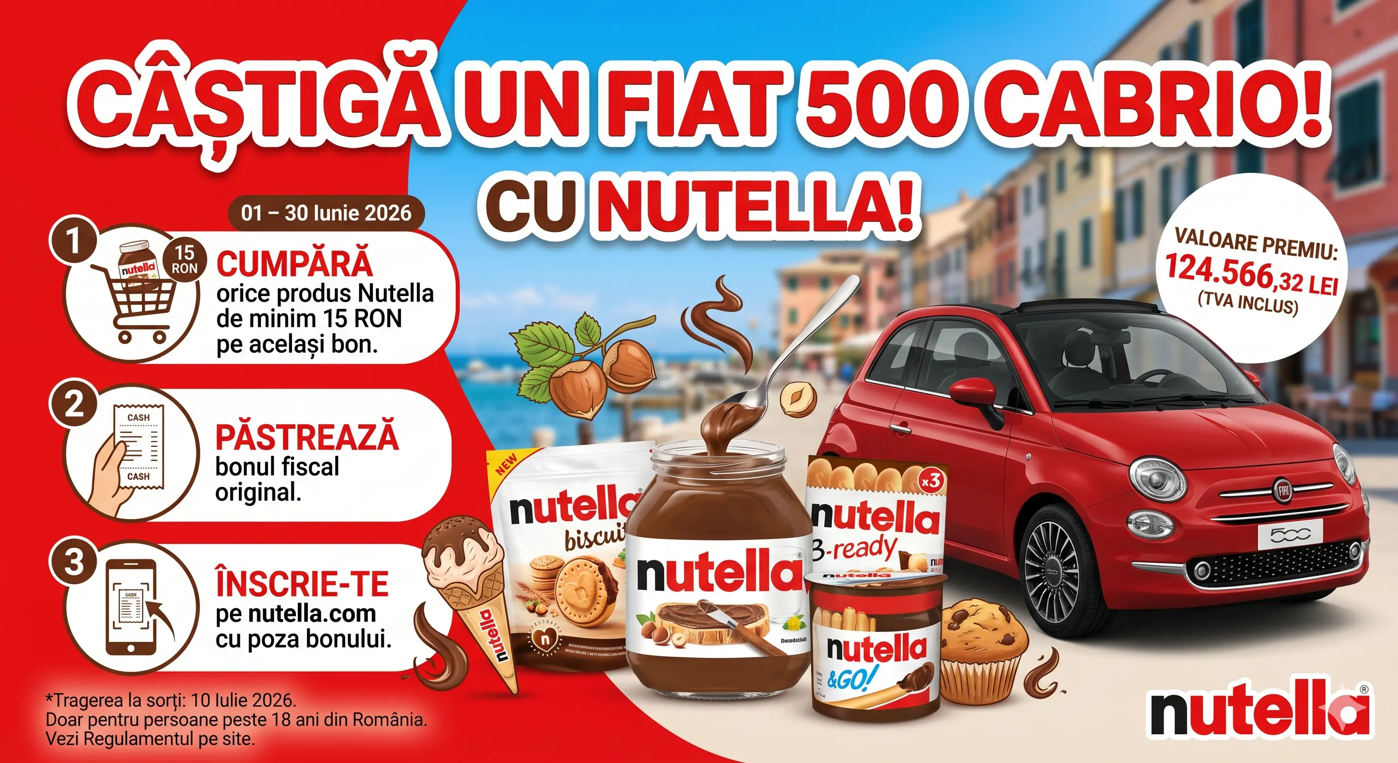 Concurs Concurs Nutella: Cumpără de 15 lei și Câștigă un FIAT 500 CABRIO (până pe 30 Iun) -...