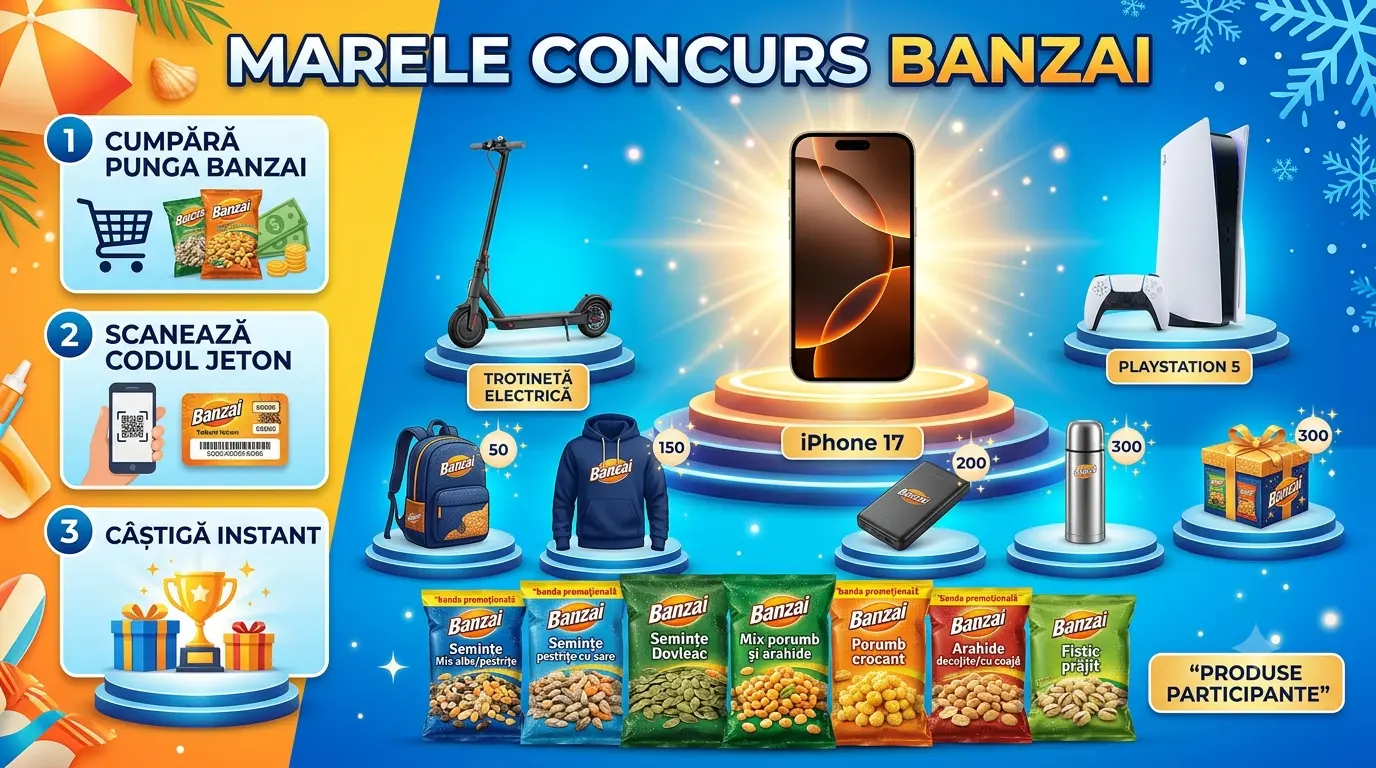 Concurs Banzai - Cumpără și câștigă iPhone 17, Playstation 5 și premii de 350.000 lei (până...