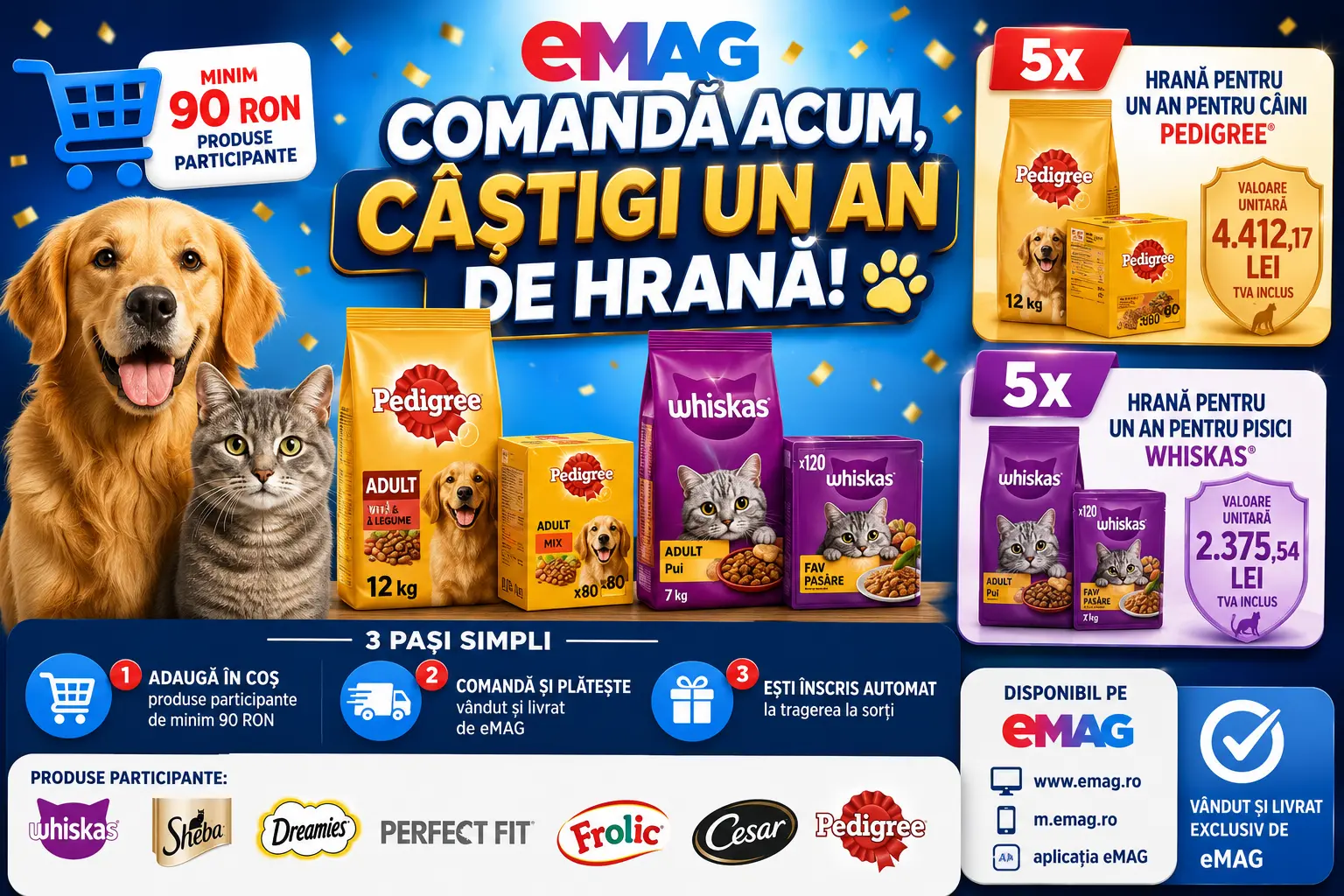 Concurs Concurs eMAG: Cumpără hrană pentru animale și câștigă provizii pentru un an (până...