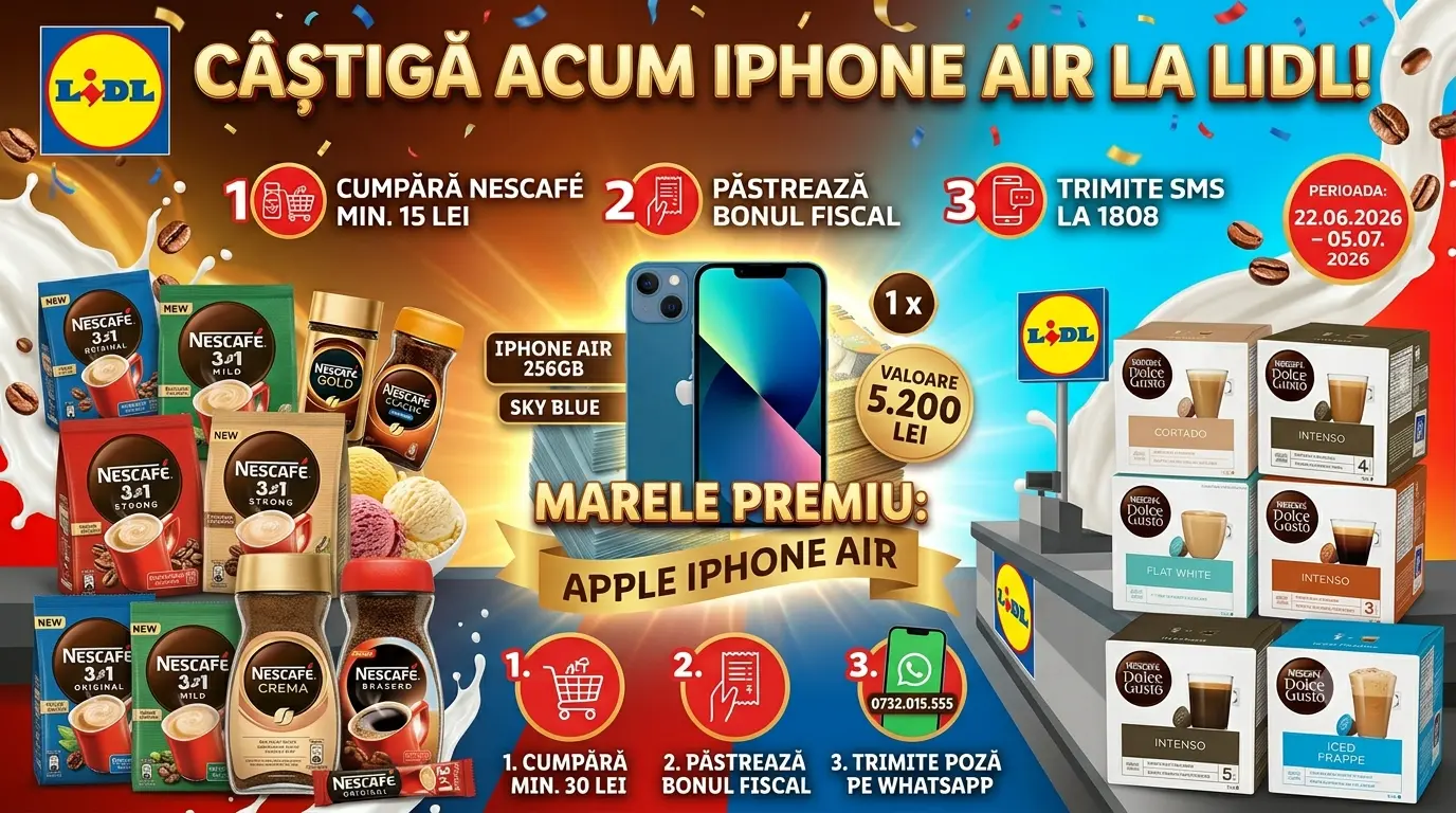 Concurs LIDL - Cumpără NESCAFE și câștigă iPhone Air (până pe 5 iulie) - Concursier