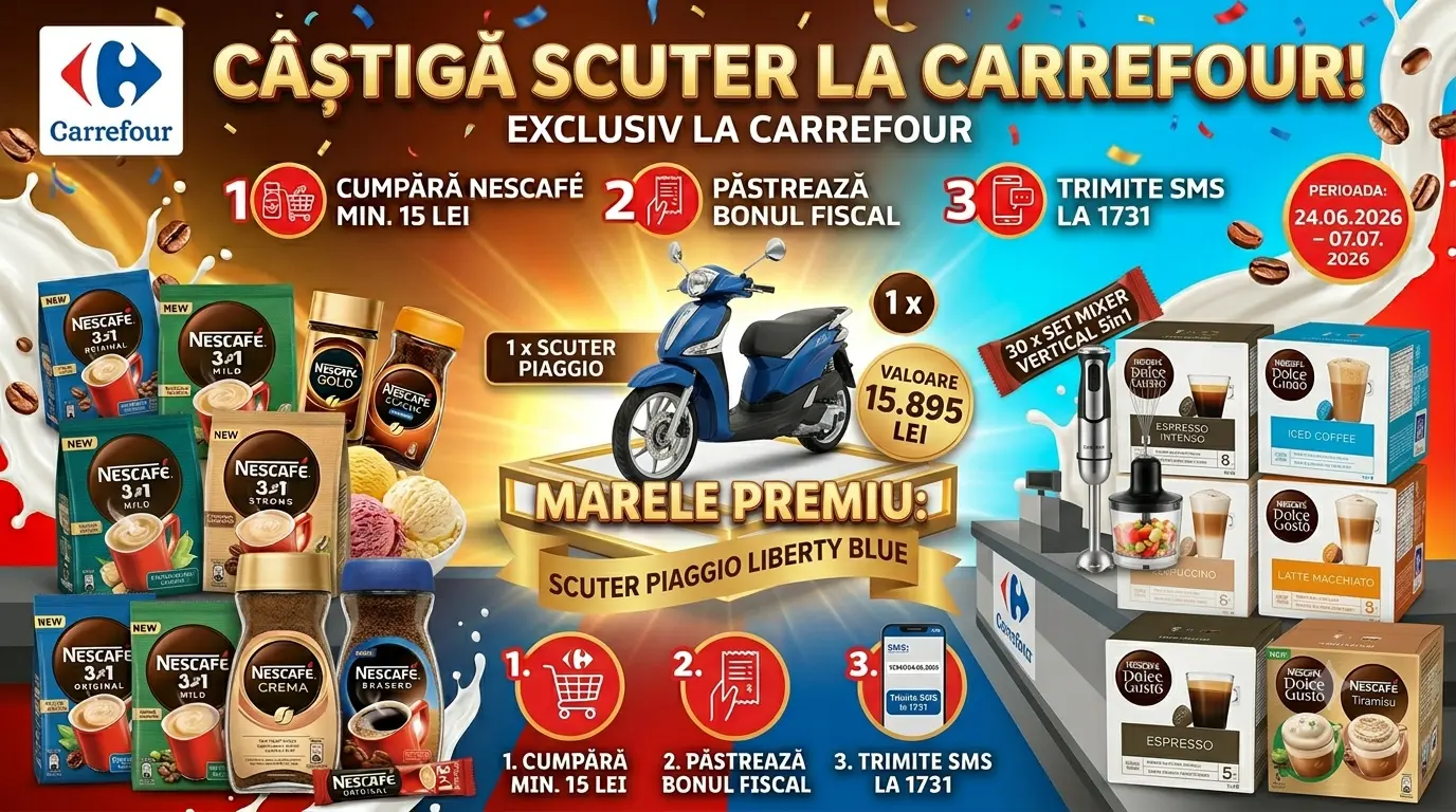 Concurs Carrefour: Cumpără NESCAFE și câștigă un scuter Piaggio (până pe 7 iulie) - Concursier