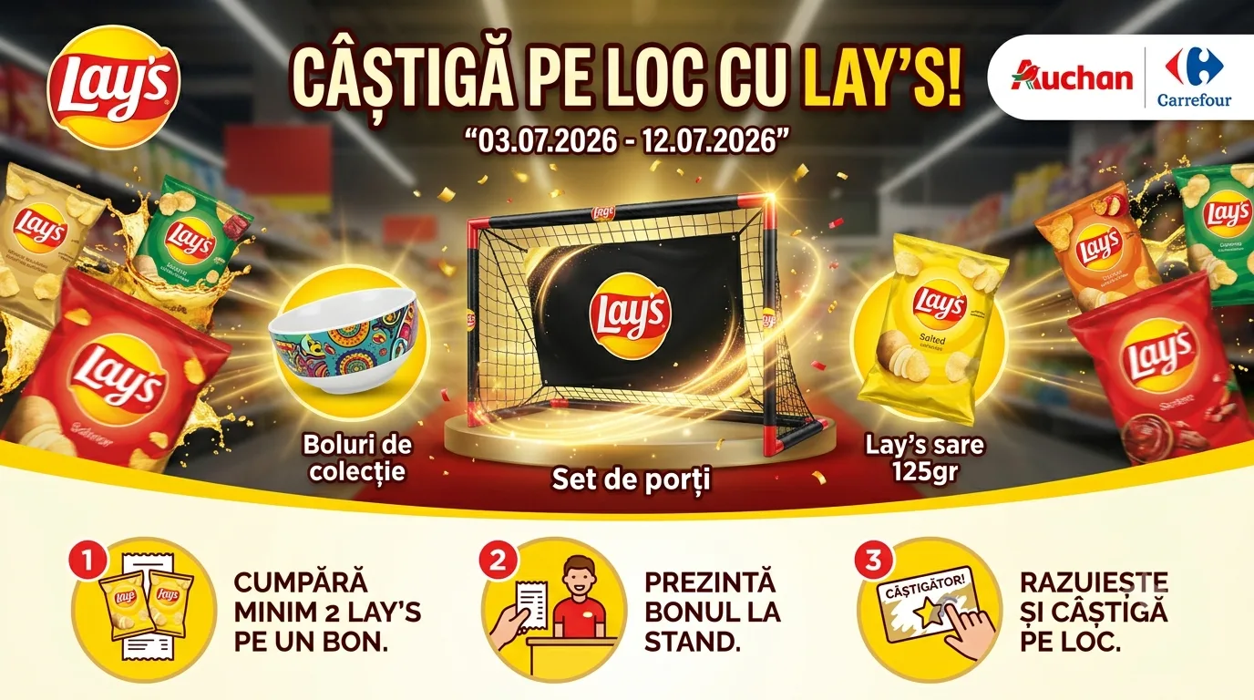 Concurs Auchan & Carrefour: Răzuiește și Câștigă Seturi de Porți sau Lay's Gratuit (până pe...