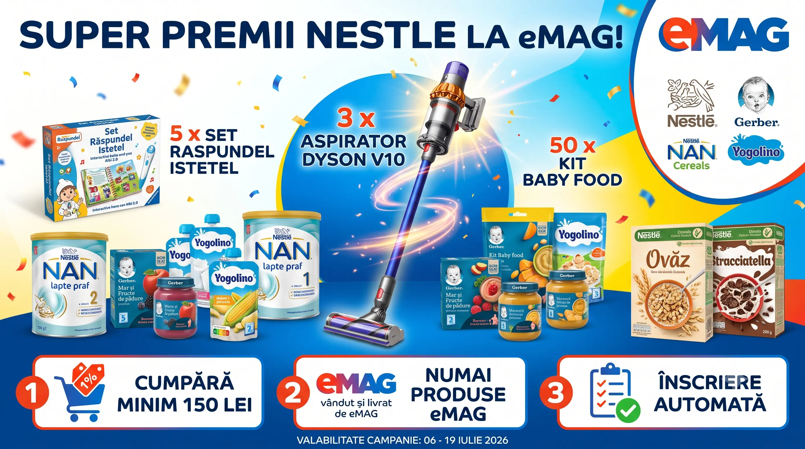 Concurs eMAG: Cumpără produse Nestle de la 150 lei și câștigă aspirator Dyson (până pe 19...