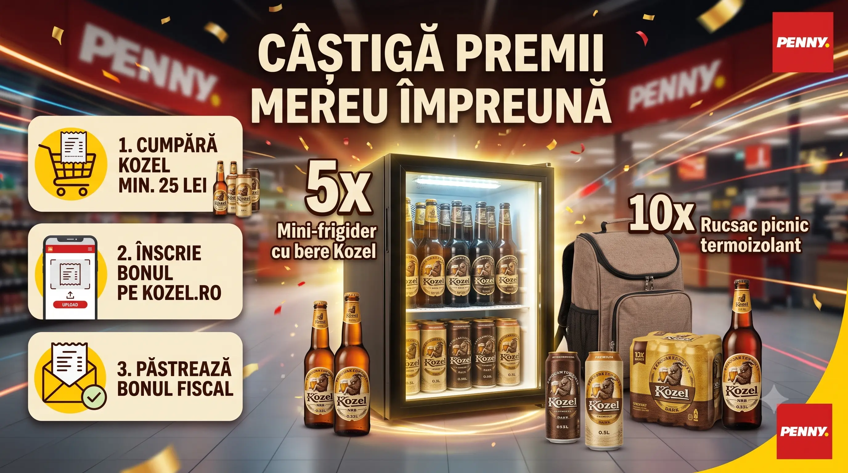 Concurs Concurs PENNY - Cumpără bere Kozel și câștigă mini-frigider (până pe 31 August) -...