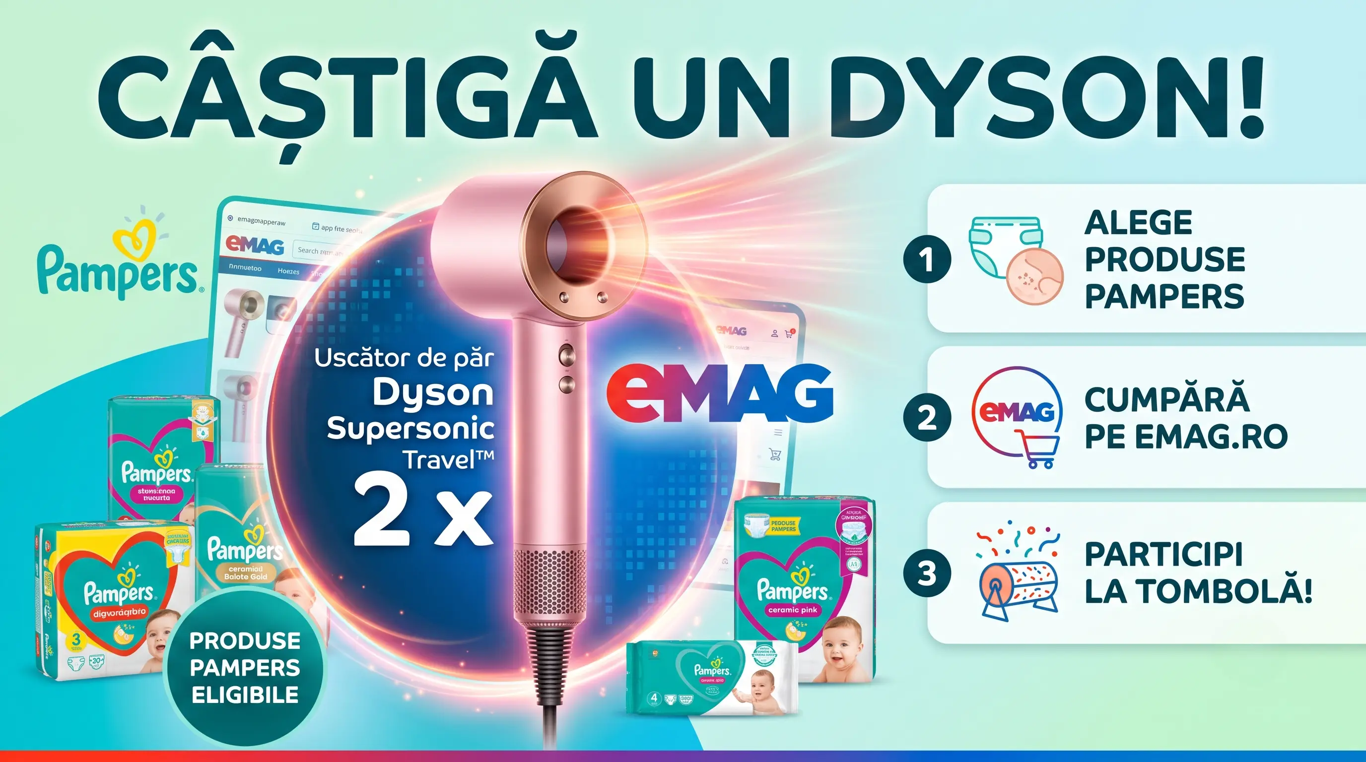 Concurs Concurs eMAG: Cumpără Pampers și câștigă uscător Dyson (până pe 9 August) - câștigă...